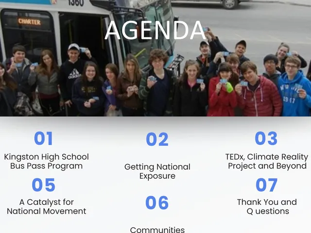 A group of youth advocates holding transit passes in front of a bus, from a Get on the Bus program deck.