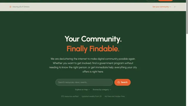 Nearfolk's live homepage: "Your Community. Finally Findable," with resource search and 372 verified resources.