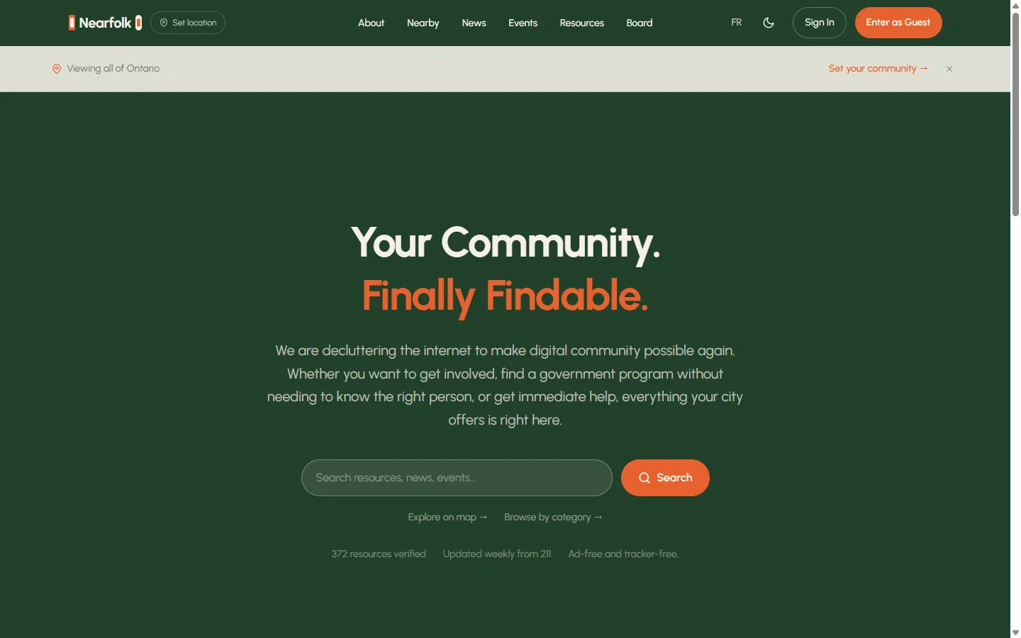 Nearfolk, a civic resource directory Rielly Keeler designed and built, running on local AI inference so searches never leave Canada.